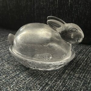 Cottage Core Clear Glass Easter Bunny Rabbit On A Basket Trinket Dish